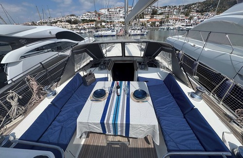Sitges Boat Rental | 4-cabins yacht boat in fabulous Port Sitges , AC, WiFi Jet ski bikes paddles