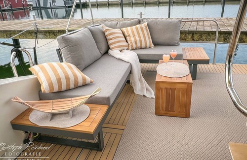 Ostholstein Boat Rental | Boat 'Hausboot Yacht Futura' with Sea View, Private Terrace and Wi-Fi