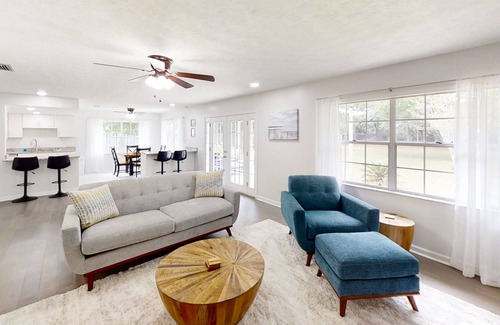 Southside House | Bright and modern home with a large yard, grill, air hockey table, & fireplace