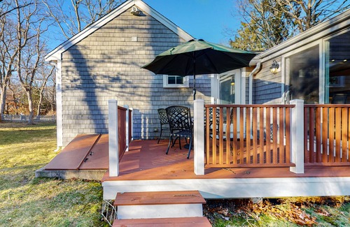 Teaticket House | Classic home with firepit & lovely yard, steps from Great Pond beach & path