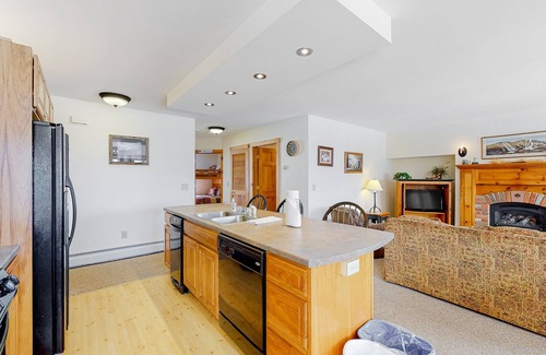 North Troy Condo | Cozy ski-in/ski-out home next to Grammy Jay trail with fireplace, mountain views