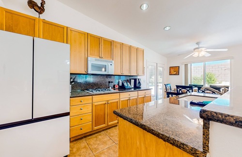 Desert Hot Springs House | Dog-friendly home with patio, grill, firepit, outdoor pool, tennis, & fireplace