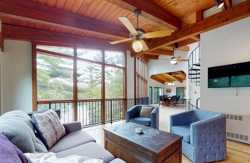 Pine River Pond House | Dog-friendly waterfront retreat with private beach, lake access, deck, & W/D
