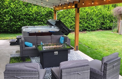 Port Angeles East House | Eye-catching Home and Yard w/Luxurious Hot Tub, Patio, and Private Trail Access
