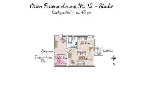 Spiekeroog Apartment | Gästehaus Orion - Wohnung 12