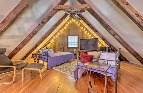 Pocono Lake House | Game Room and Fire Pit Tree-Lined Pocono Lake Cabin