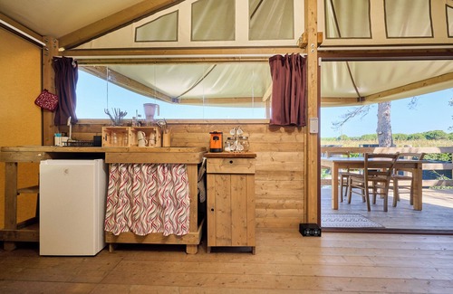 Piombino RV Rental | Glamping 'Tenda Glamping Vicino Al Mare' with Terrace, Garden and Wi-Fi