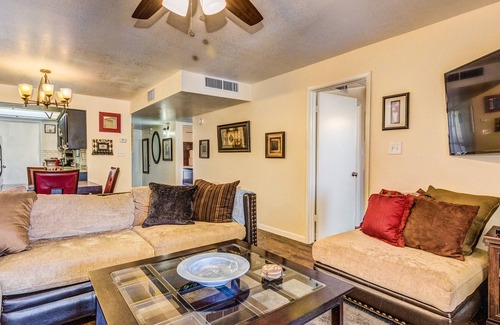 Desert Shores Condo | Lake Front Balcony! Quiet community! Walking path! Restaurants! Heated Pool