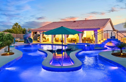 Coachella House | LAZY RIVER, Water slide, kids Race track, Arcade room, Playground