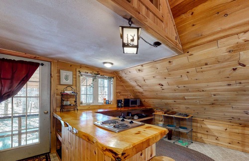 Fryeburg Apartment | Log cabin studio with fireplace, firepit, deck, cable, & WiFi