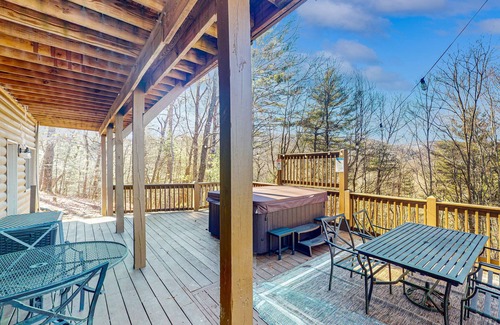 Cherry Log Cabin | Mountain view cabin with game tables, large deck, hot tub, fireplace, & AC