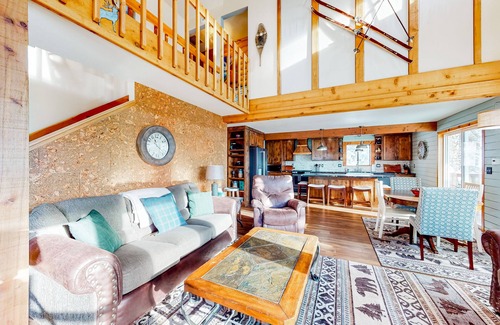 New Meadows Cabin | Mountain-view cabin with private hot tub, furnished deck, 2 kitchens, & 2 W/Ds