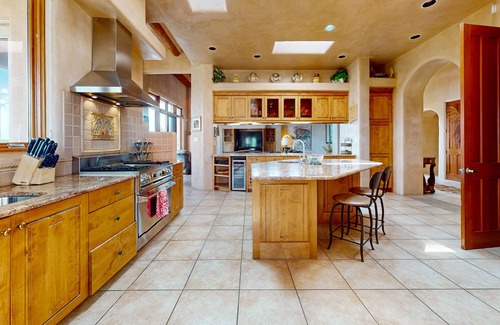 Santa Fe House | Mountain-view magic - large home office, chef’s kitchen, wraparound patio