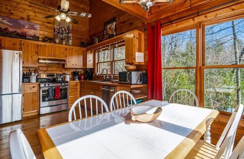 Hidden Lake Cabin | Mountain Vista is pet friendly with a Mountain view, hot tub and fire-pit and a screened porch. WiFi