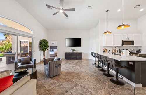 Desert Hot Springs House | NEW! Mountain Views, Saltwater Pool&Spa, Firepit and Outdoor BBQ and bar area