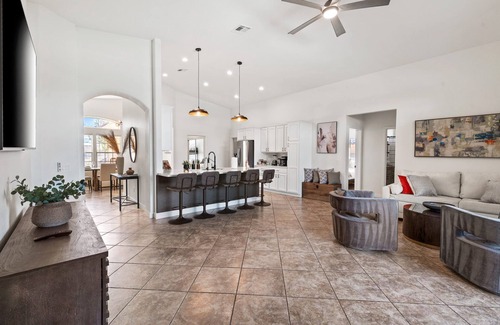 Desert Hot Springs House | NEW! Mountain Views, Saltwater Pool&Spa, Firepit and Outdoor BBQ and bar area