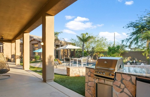 Desert View Village House | Quailbrush paradise with private pool, pool spa, alfresco dining & fireplace
