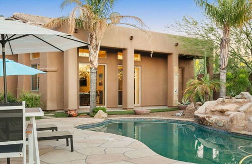 Desert View Village House | Quailbrush paradise with private pool, pool spa, alfresco dining & fireplace