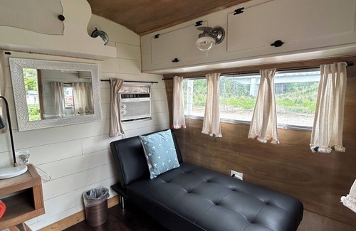 Lava Hot Springs Apartment | Retro Camper Queen size bed
