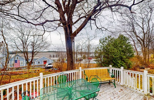Wiscasset House | Riverview house with yard, huge deck, firepit, gas grill, private W/D, and canoe