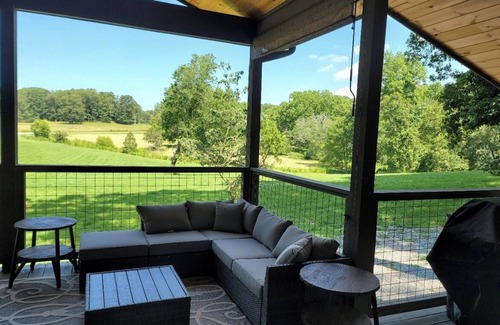 Clarkesville Cabin | Romantic Couples Cottage, Large Covered Deck with Hot Tub, TV, Couches, Firepit