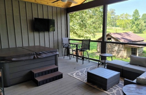 Clarkesville Cabin | Romantic Couples Cottage, Large Covered Deck with Hot Tub, TV, Couches, Firepit