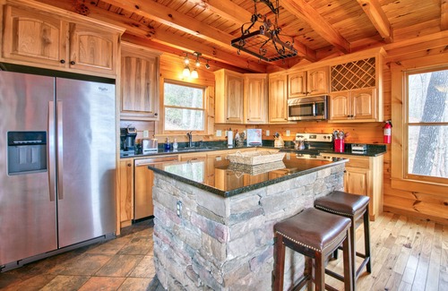 Lake Lure Cabin | Rustic mountain-view home with deck, fire pit, hot tub, fireplace, & game room
