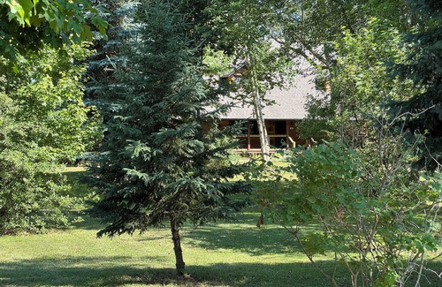 Dunnville House | Serene log home on spacious land with trees and a small farm.