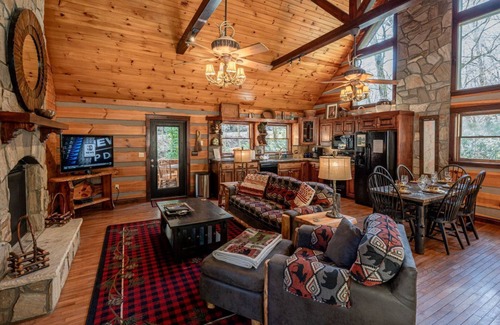 Topton Cabin | Slippery Rock-Pet Friendly, Luxury Log Cabin Rental on Creek, Outdoor TV over Fireplace, Hot Tub-Western NC