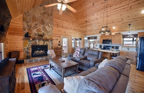 Blairsville Cabin | Stone Lodge - view, hot tub, fire pit, game room