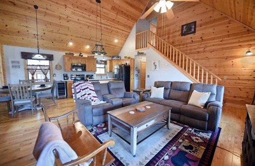 Blairsville Cabin | Stone Lodge - view, hot tub, fire pit, game room