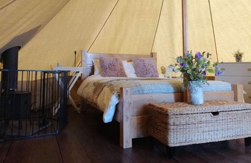 Camborne Cabin | The Glade. Luxury Bell Tent with partial sea and countryside views. Dog friendly