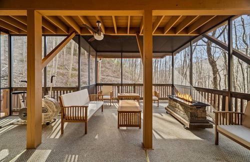 Asheville House | Treetop Towers, Hot Tub, Game Room, and Creek Views!