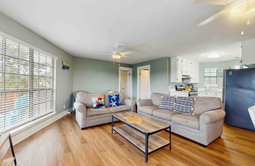 Surf Side Shores House | Upstairs duplex near the beach with deck, outdoor shower, W/D, streaming, & AC