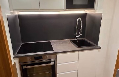 Konigssee Apartment | Vacation apartment for 1-2 people, open-plan living/sleeping area with kitchenette, bathroom with bathtub and shower