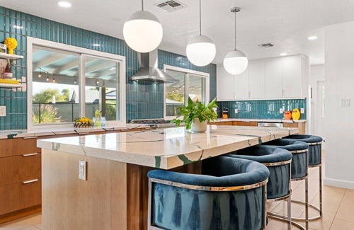 Village Grove House | Vibrant Updated MidCentury Home in OldTown-Htd Pool, Firepit, EV+ Garage, Office