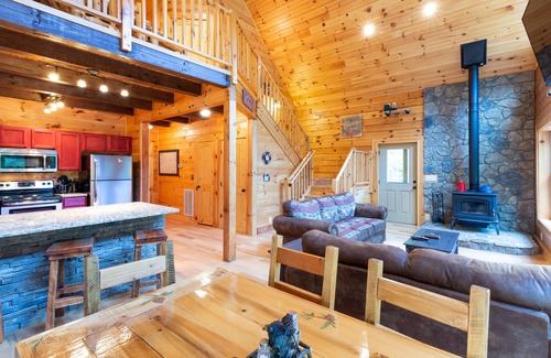 Tuckasegee Cabin | Waterfall Hideaway-Spacious Streamside Cabin in Lake Community w/Hot Tub & Kayak!