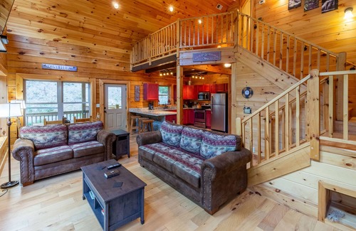 Tuckasegee Cabin | Waterfall Hideaway-Spacious Streamside Cabin in Lake Community w/Hot Tub & Kayak!