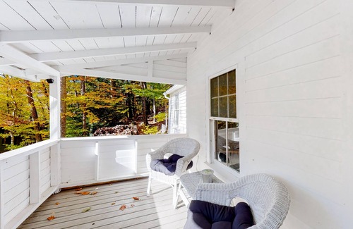Camden Cottage | Wooded home on the pond with WiFi, wood stove, full Kitchen, loft, bunks, & dock