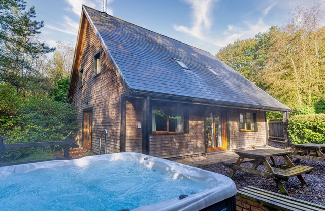 Norbury; woodland lodge for 12 with hot tub, log burner, BBQ, near Alton Towers.