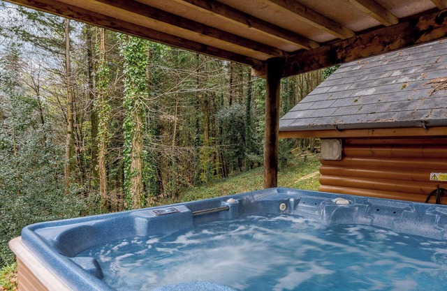 Timber lodge set in an elevated woodland position with views of the lake.