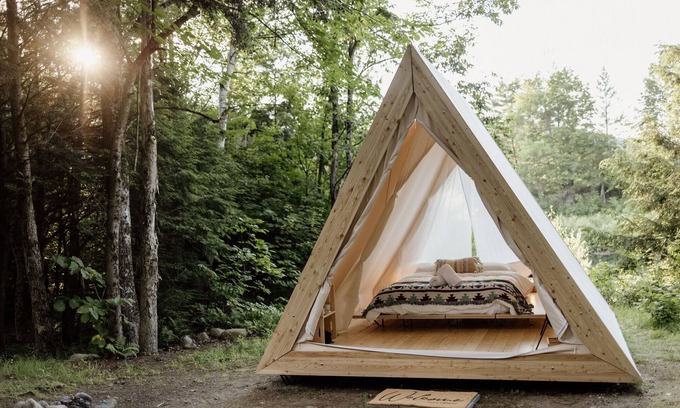 North Woodstock RV Rental | A-Frame Site 3 | Queen Bed | Pond View