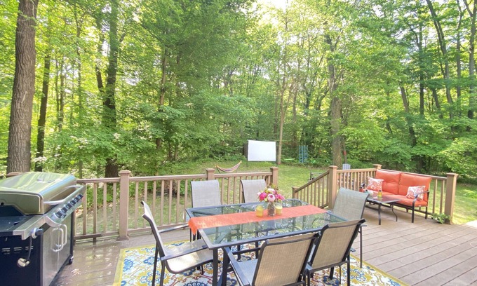 South Haven House | Adjacent to Van Buren State Park. Huge backyard with hot tub and fire pit.