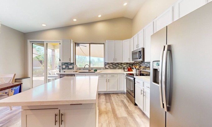 Desert View Village House | Blooming Cacti Hideaway | Luxe home with pool, hot tub, grill, and mtn views