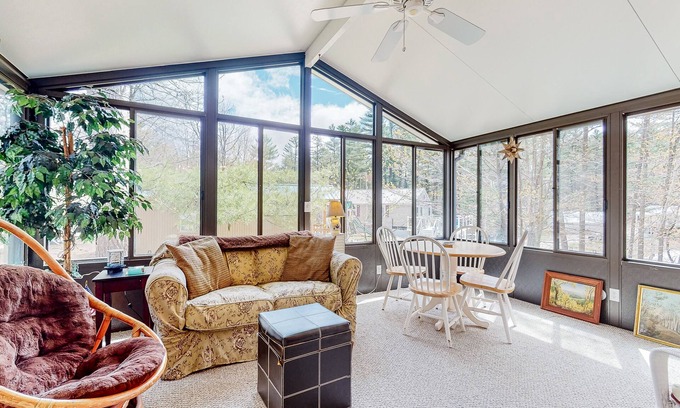 East Wakefield House | Calming dog-friendly lake view home with firepit, wood stove, patio, & gas grill