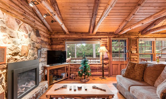 Wisconsin Dells Cabin | Charming cabin with game room, fireplace, hammock, & kitchenette