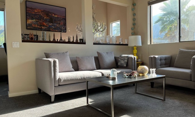 Twin Palms Condo | Cheerful condo, graceful complex, useful location: 2BR, patio, mountain views