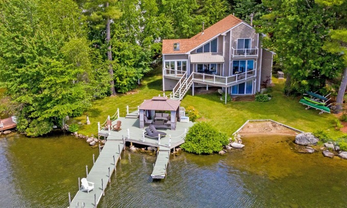 Moultonborough House | Contemporary waterfront home on Ash Cove with stunning views, fire pit, dock and WiFi