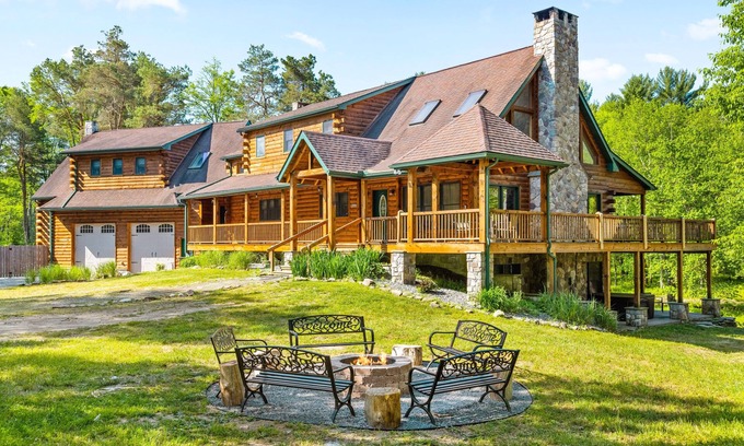 Gouldsboro House | Creekfront Log Mansion With Heated Outdoor Pool and Hot Tub