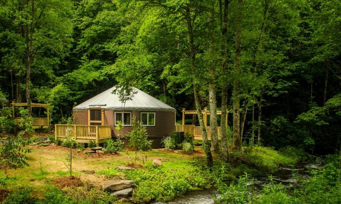 Topton Villa | Creekside Cove Luxury Yurt w Hot Tub in Nantahala